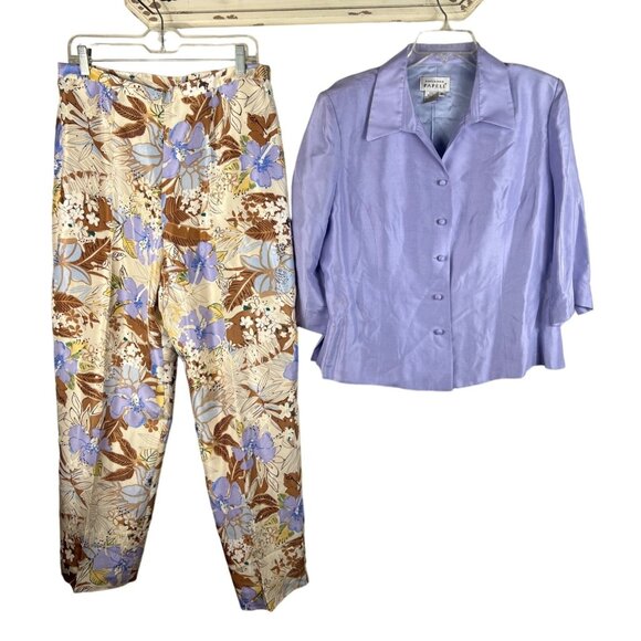 Adrianna Papell Lavender Silk Blouse & Floral Pants Set Size 16 - Picture 1 of 13
